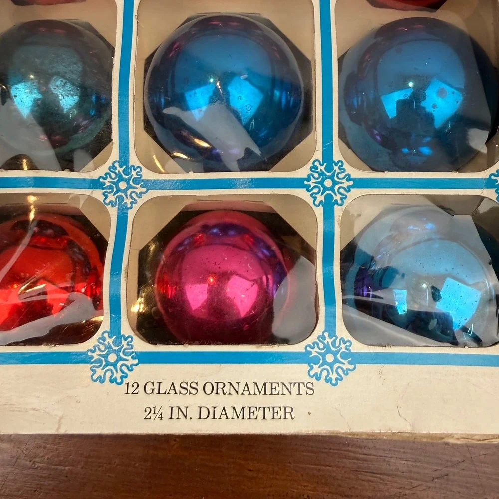 Vintage Holly Glass Christmas Ornaments Red Blue Set of 24 2.25